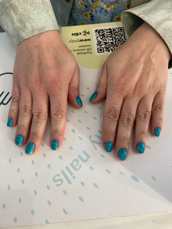 Маникюр, бирюзовый, глянцевый, шиммер, однотон