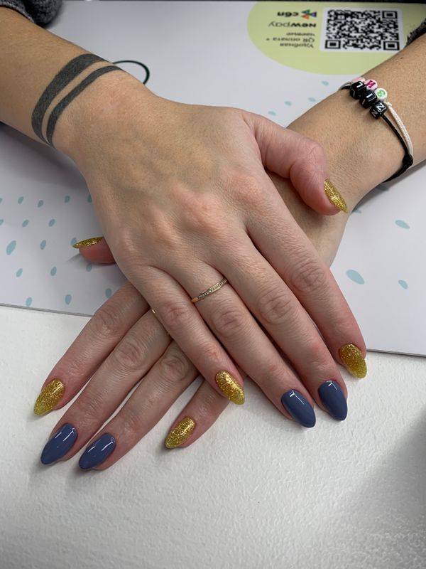 Маникюр, золото, глянцевый, комбинированный, шиммер