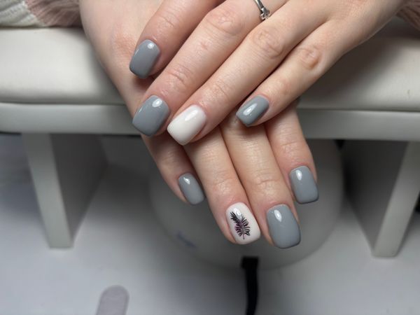 серый, Маникюр, комбинированный, наклейка, дизайн, перышко, на каждый день, минимализм