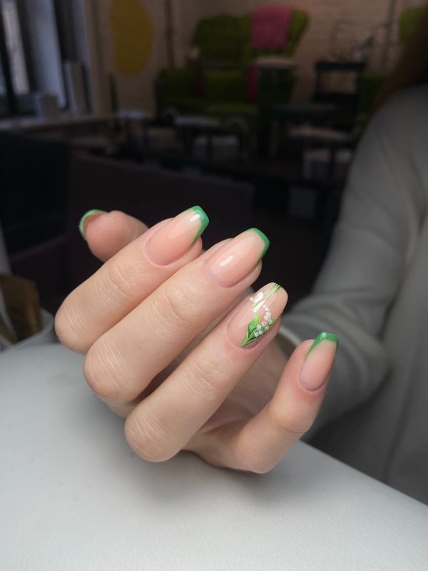 Маникюр, натуральный, глянцевый, дизайн, цветы, "весенний", ландыши, френч, на каждый день, нежный