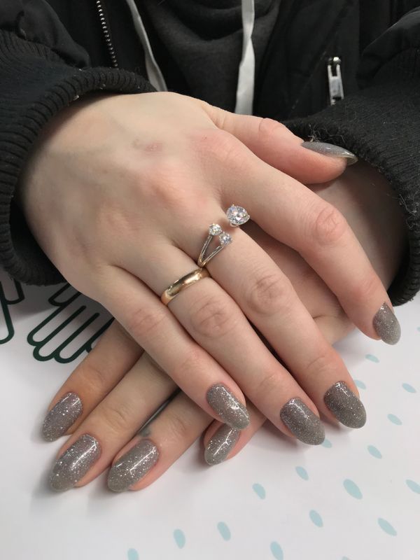 глянцевый, серый, лак с блестками, однотон, Маникюр, на каждый день