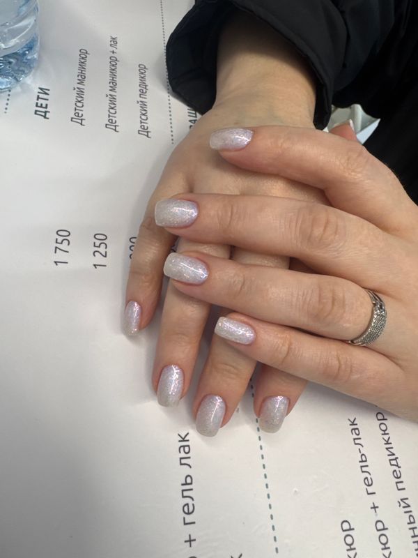 глянцевый, серебро, лак с блестками, однотон, Маникюр