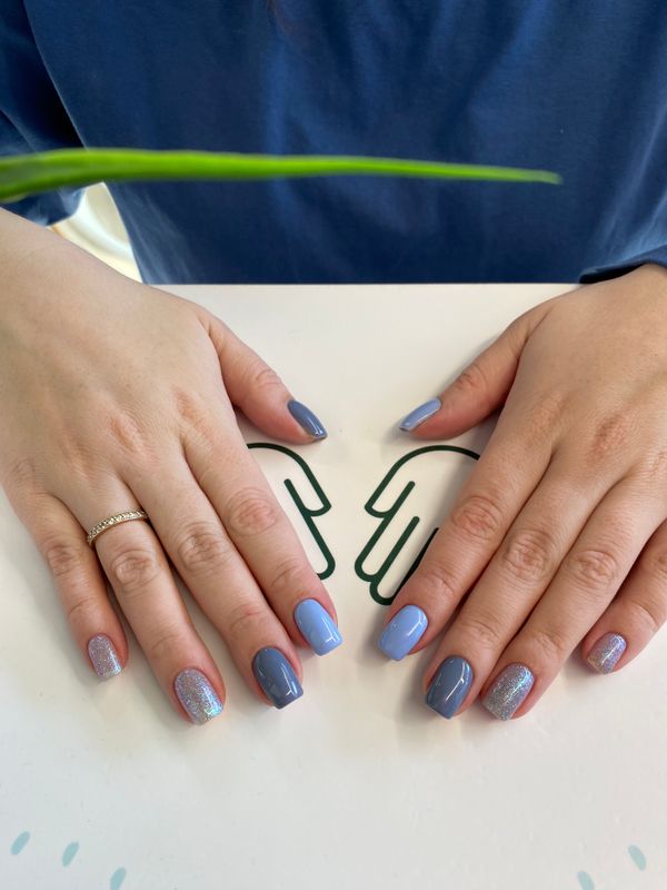 глянцевый, комбинированный, лак с блестками, синий, Маникюр, на каждый день