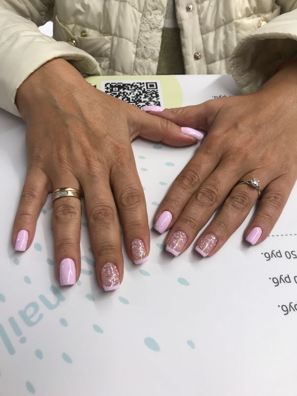 дизайн, сиреневый, шиммер, комбинированный, Маникюр, глянцевый, френч, лак с блестками, праздничный