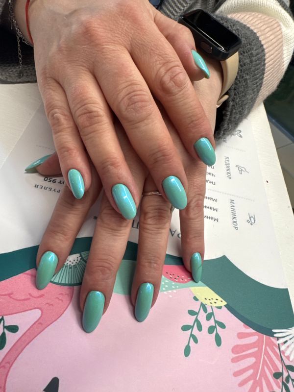 глянцевый, нюд, однотон, Маникюр, на каждый день, нежный, бирюзовый