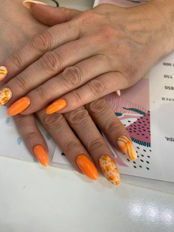 Маникюр, оранжевый, глянцевый, дизайн, абстракция, блестки, линии