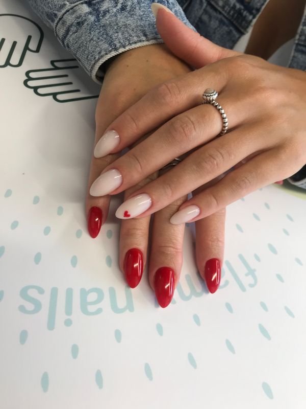 Маникюр, красный, глянцевый, комбинированный, дизайн, рисунок, сердечки