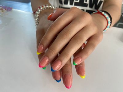 Маникюр, глянцевый, дизайн, френч, натуральный, прозрачный, камуфляж, зеленый, желтый, синий, розовый