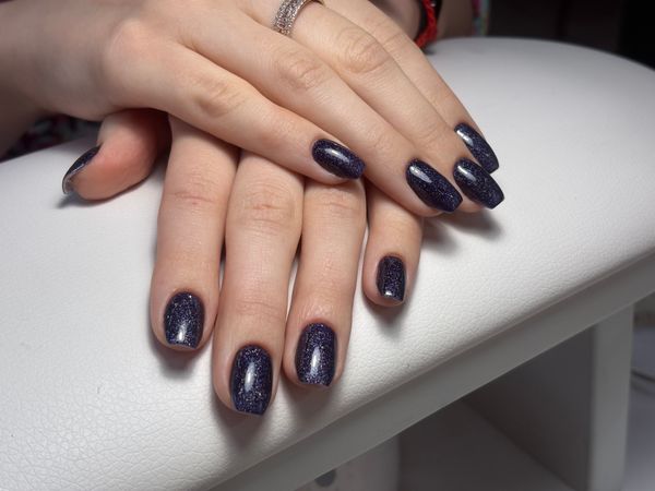 глянцевый, темносиний, лак с блестками, однотон, Маникюр