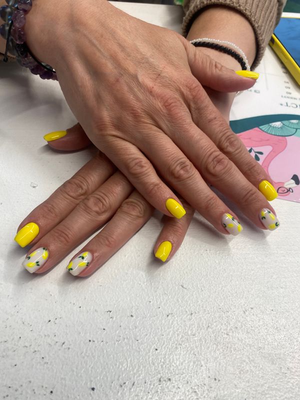 глянцевый, желтый, комбинированный, Маникюр, дизайн, летний дизайн, ананас