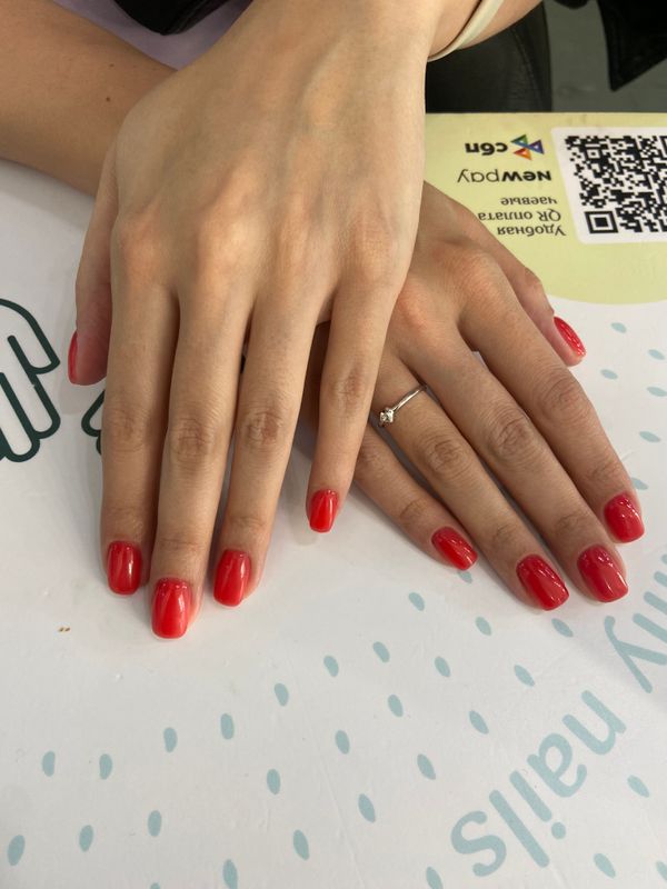 Маникюр, разная длинна, красный, глянцевый, однотон