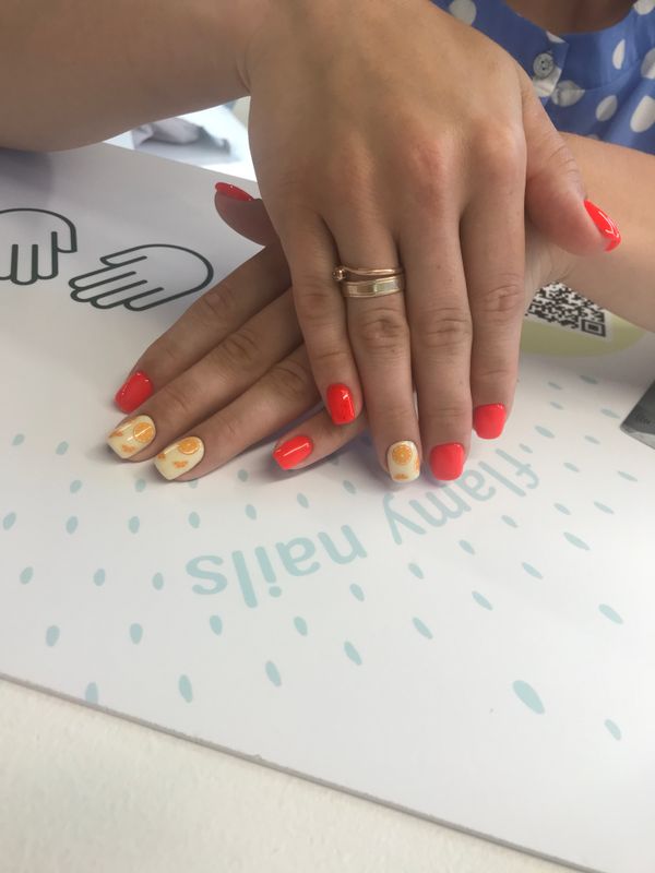 Маникюр, оранжевый, комбинированный, глянцевый, дизайн, дольки апельсина, слайдеры