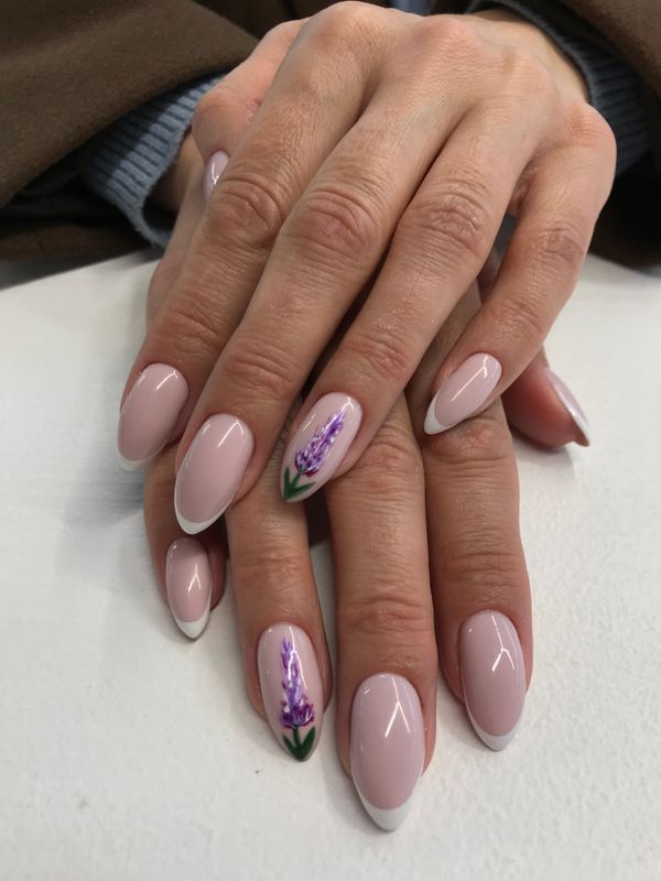 сиреневый, глянцевый, комбинированный, Маникюр, дизайн, френч, классический, рисунок, цветы, весенний