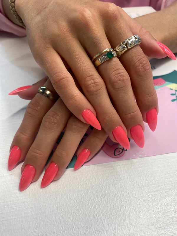 глянцевый, коралловый, однотон, Маникюр, на каждый день, нежный