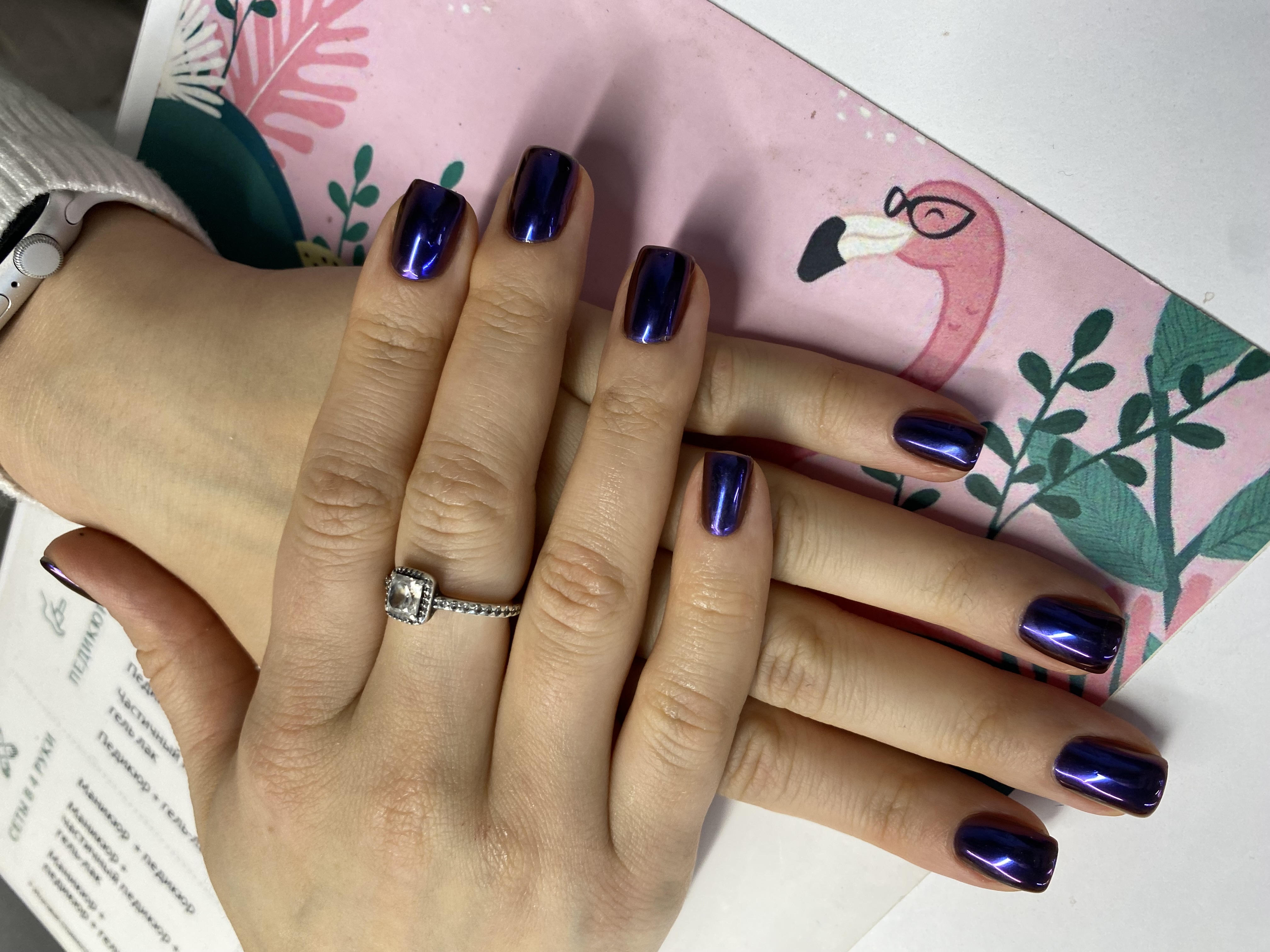 Маникюр, дизайн, глиттер, втирка, темносиний, однотон, на каждый день