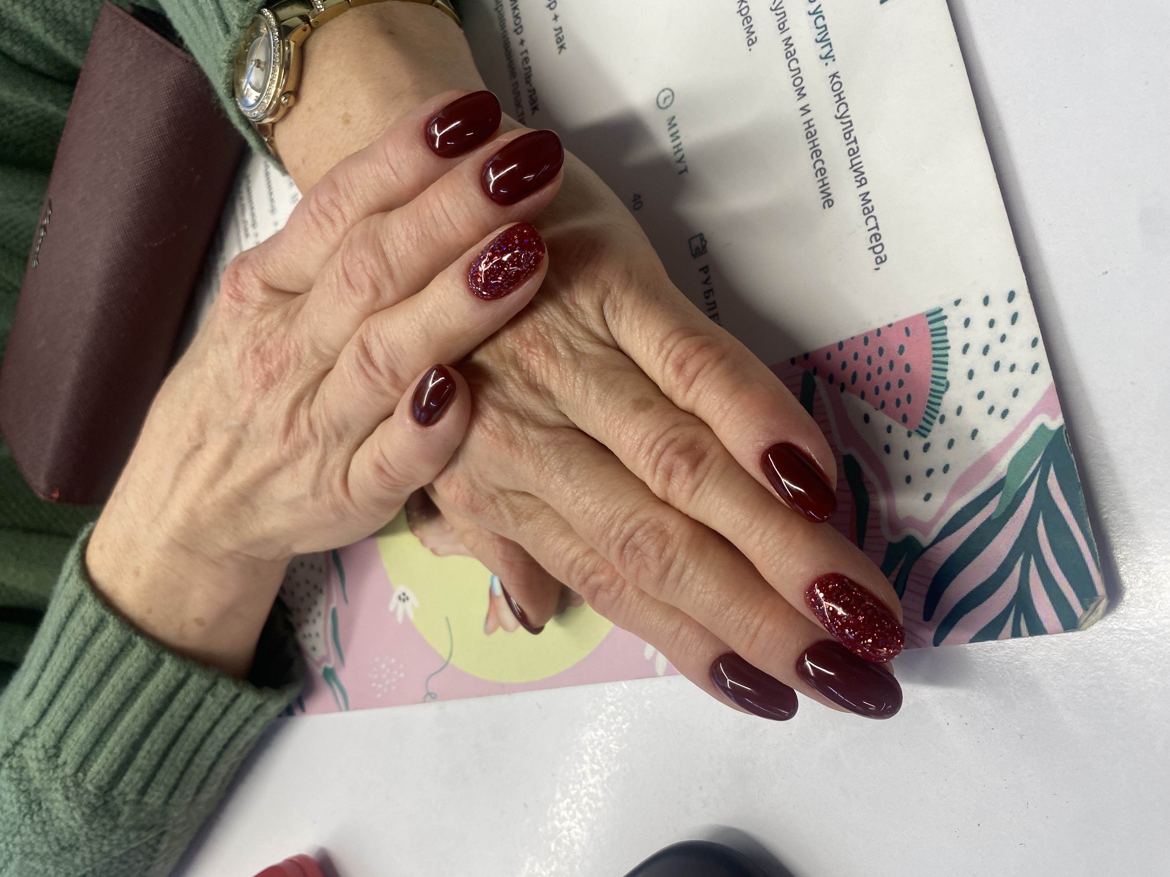 Маникюр, комбинированный, лак с блестками, на каждый день, темный шоколад