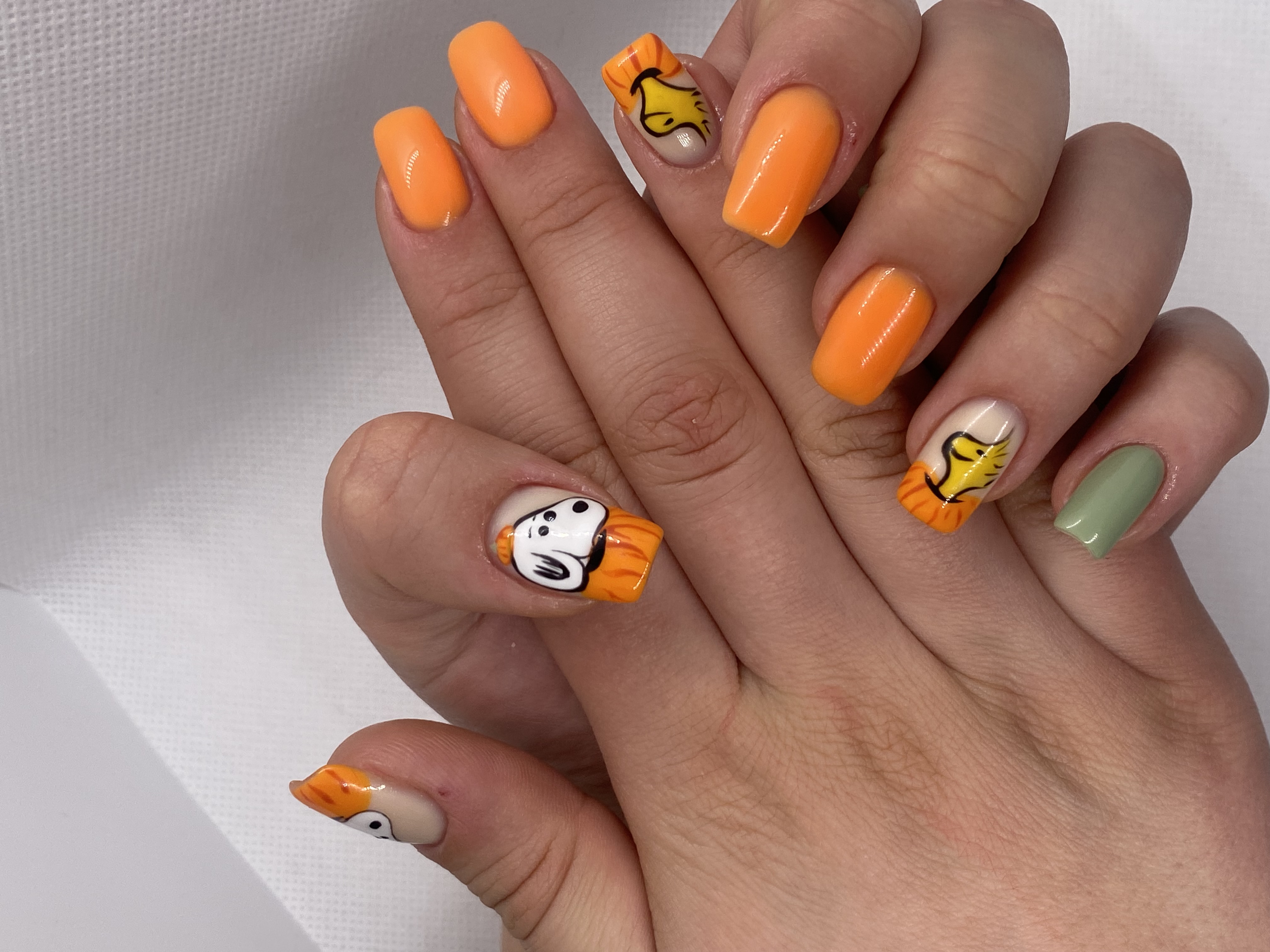 оригинальный, дизайн, Маникюр, оранжевый, морда собаки, комбинированный