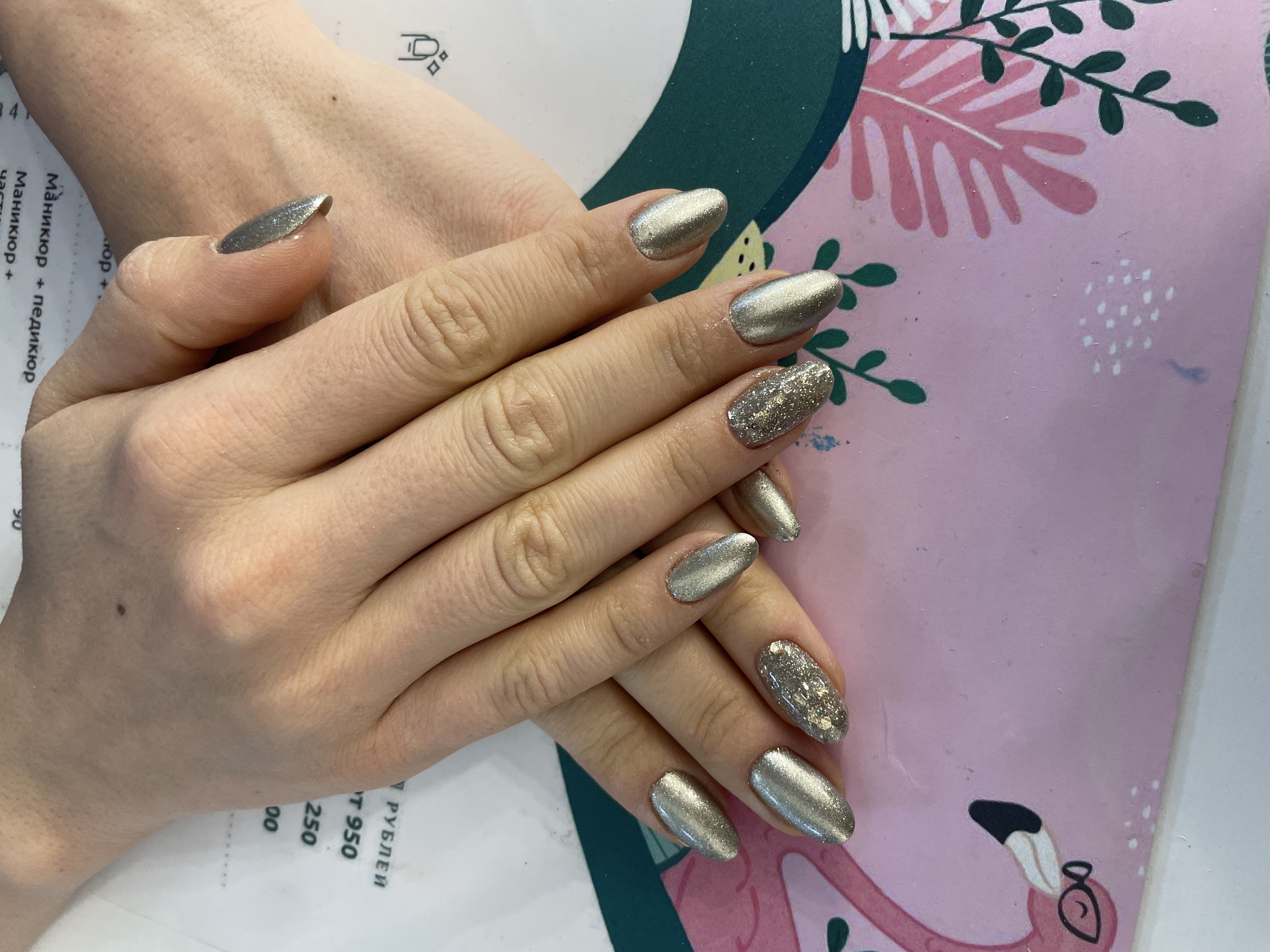 серебро, Маникюр, лак с блестками, праздничный, дизайн, однотон, втирка, глиттер