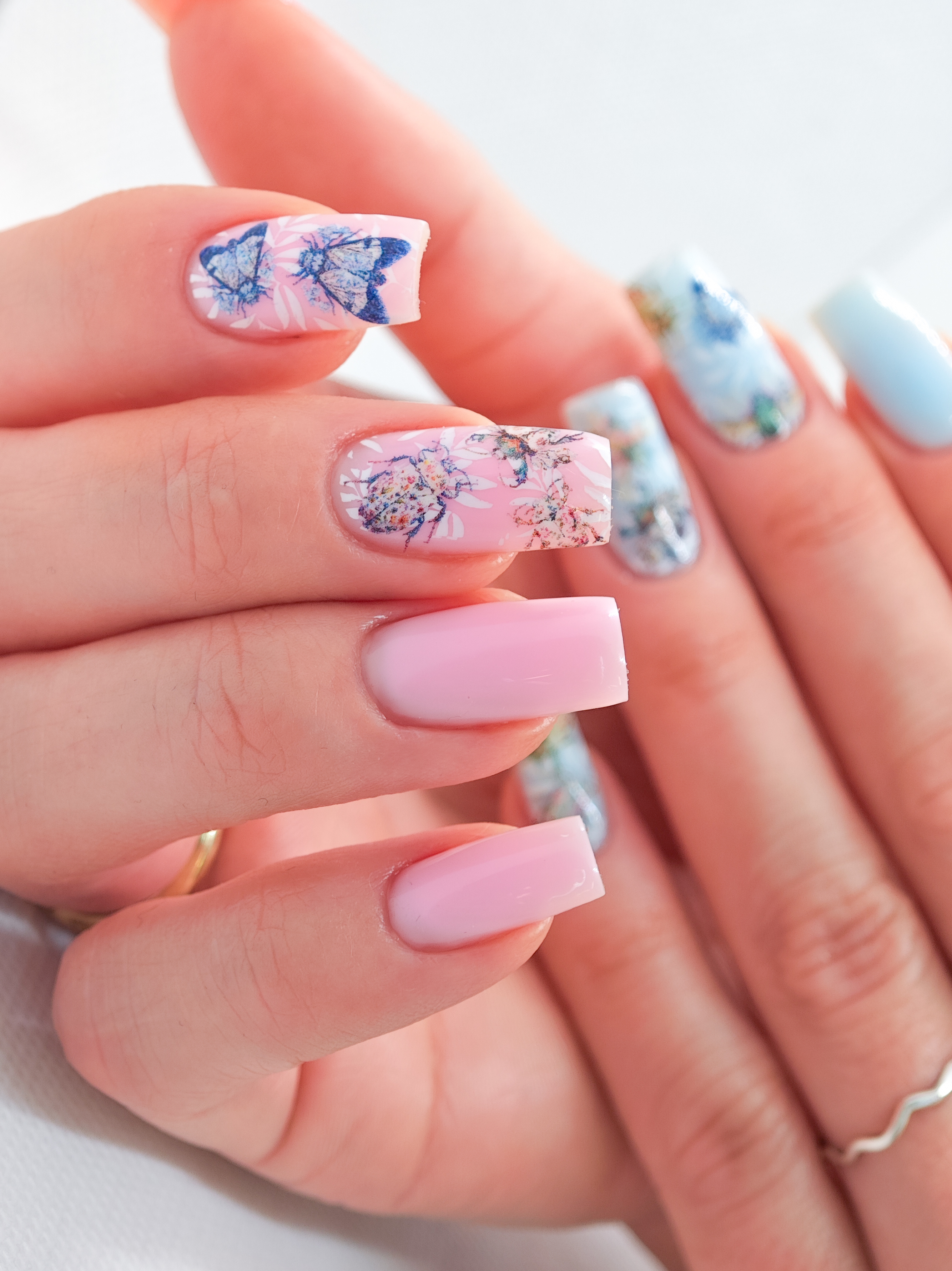 дизайн, аромат весны  , комбинированный, Маникюр, жуки, на каждый день, наклейка, голубой, оригинальный